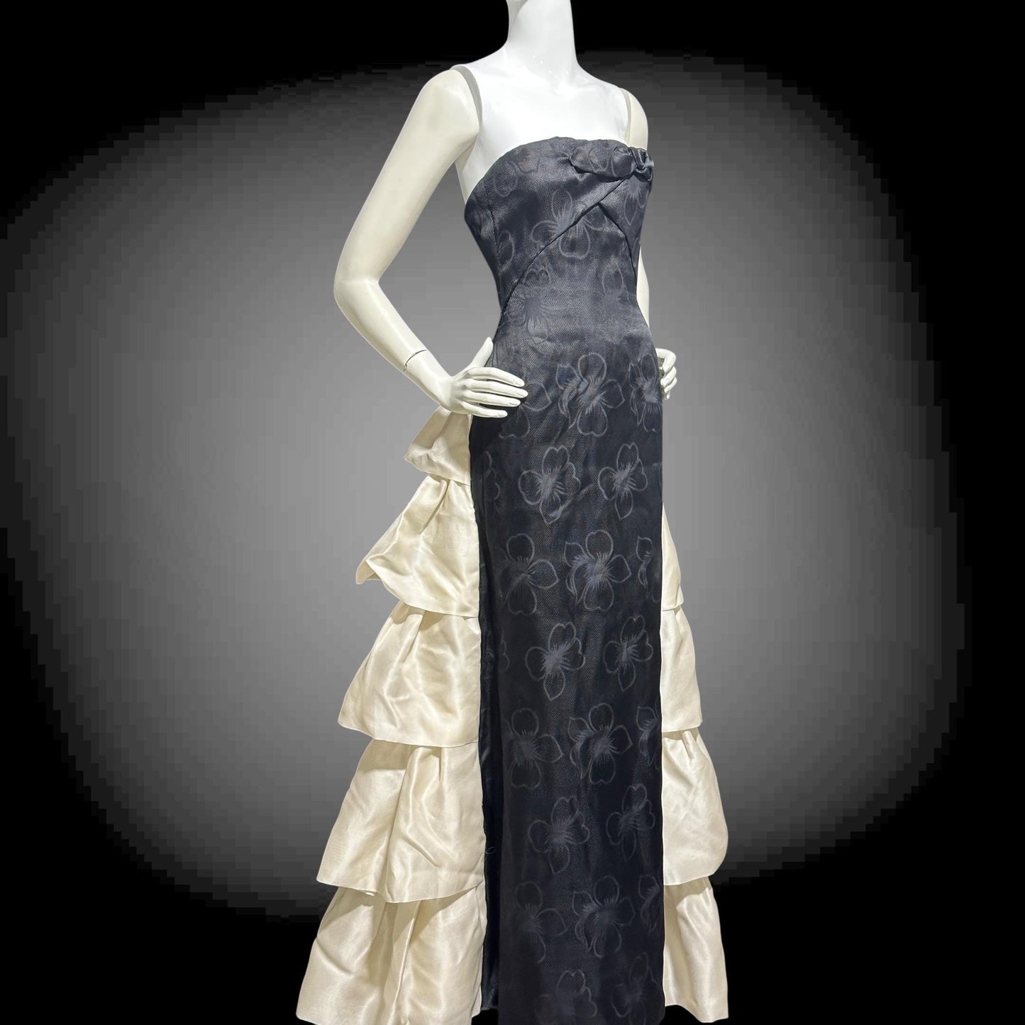 ARNOLD SCAASI vintage 1960s evening gown dress, black and white silk cascading ruffle gown