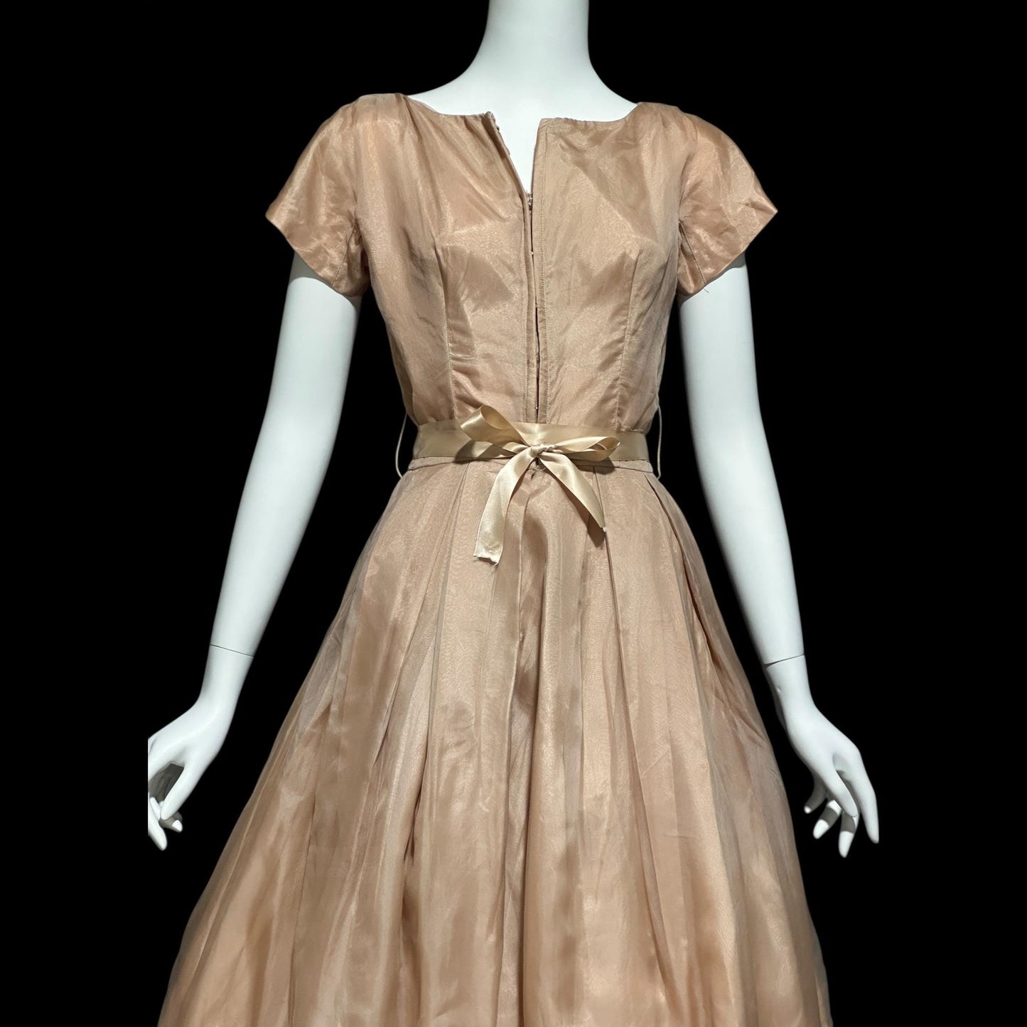 GIGI YOUNG, vintage 1950s dress, Toasty Caramel organza cocktail party dress, pleated fit & flare dress