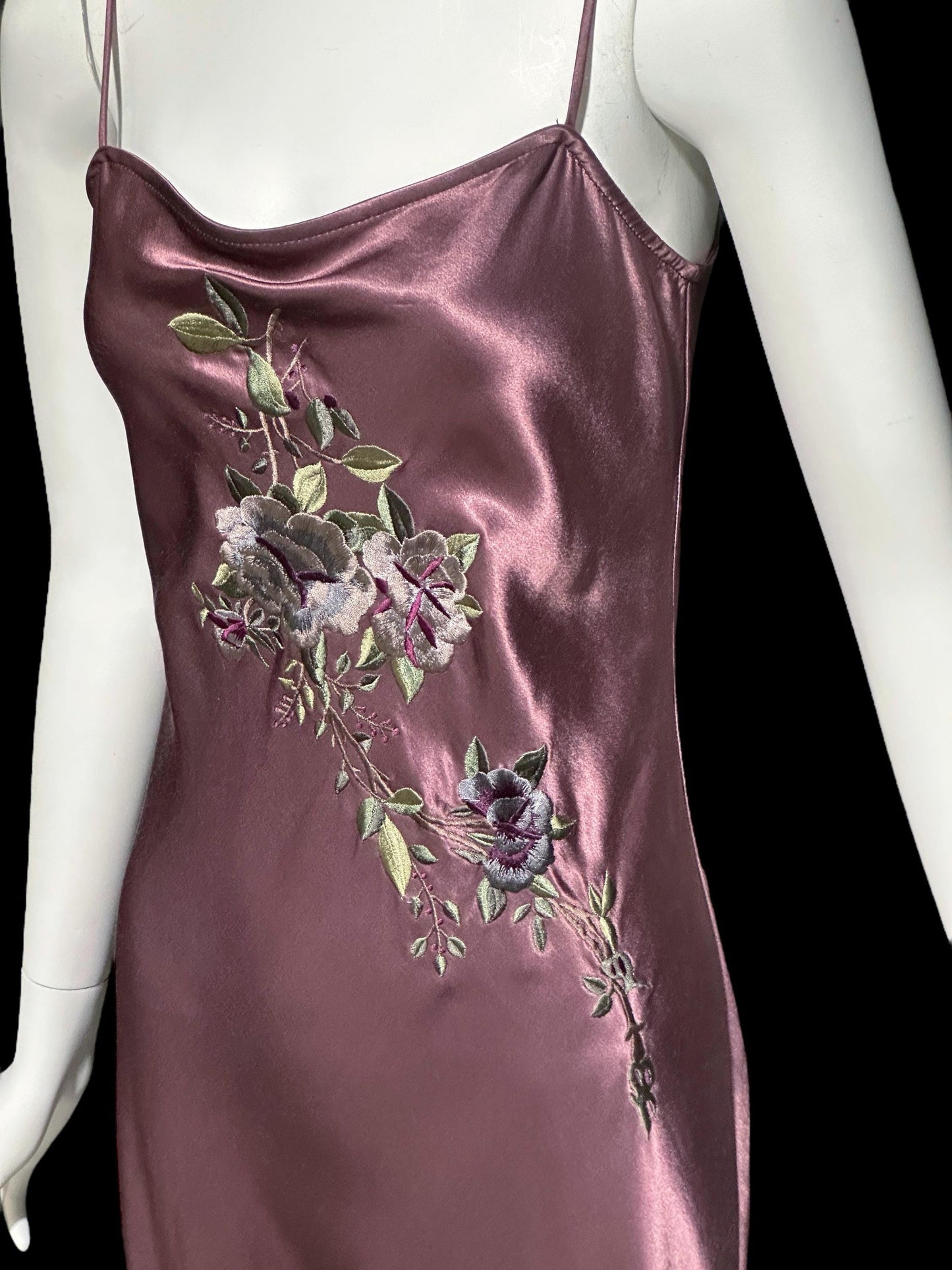 BONNIE STRAUSS vintage 1990s evening slip dress, shiny satin bias cut sheath embroidered 1940s style gown