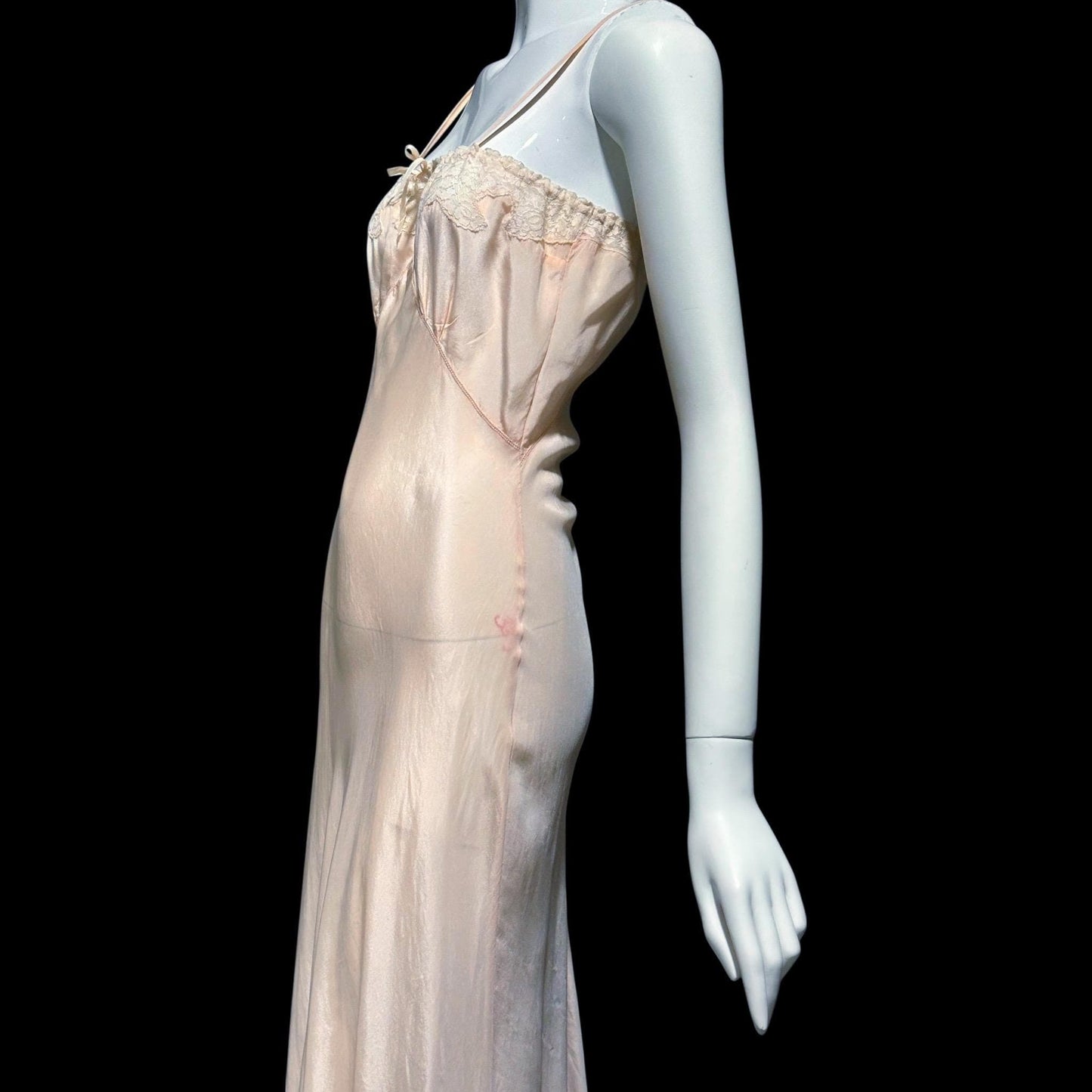 1930s vintage Pale Peachy Pink Rayon Slip Dress: Bias Cut Nightgown, Lace Trim