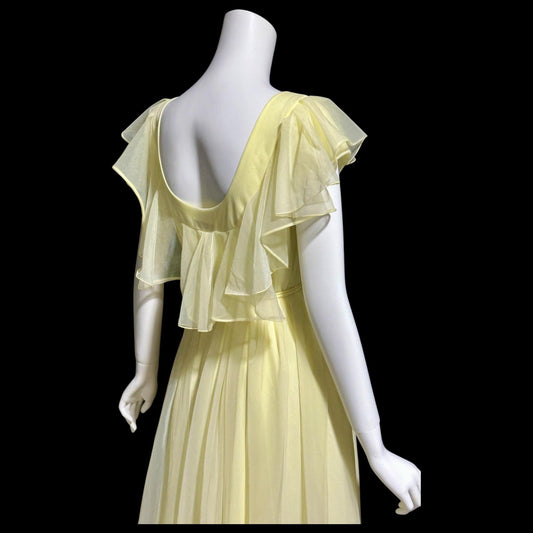 LUCIE ANN Claire Sandra, 1960s Marshall Field daffodil yellow full sweep ruffled nightgown, grecian wrap slip dress