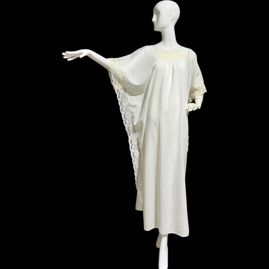 1960s Vintage caftan hostess dress, white crinkly cotton kaftan loose house dress