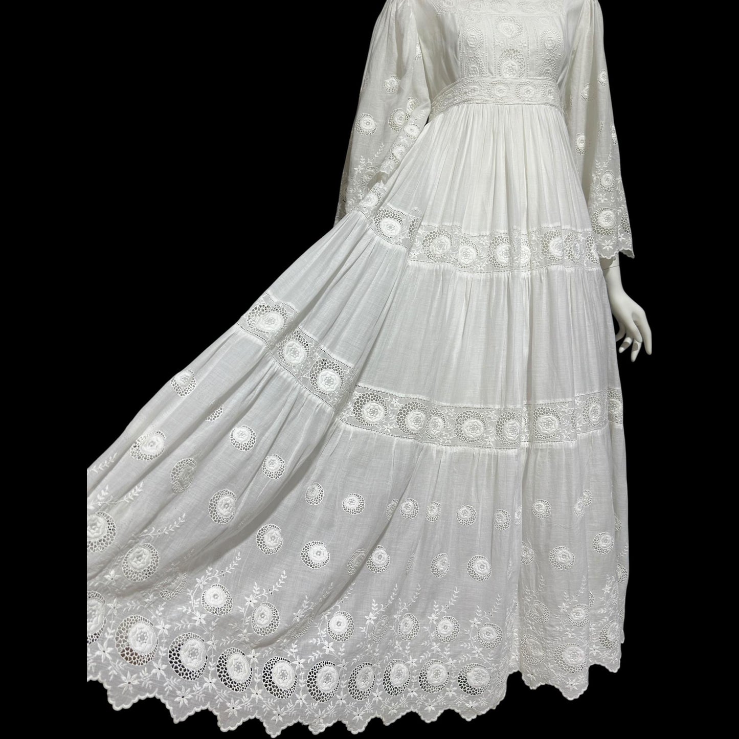 1970s Mexican Wedding dress, White batiste cotton embroidered empire ball gown