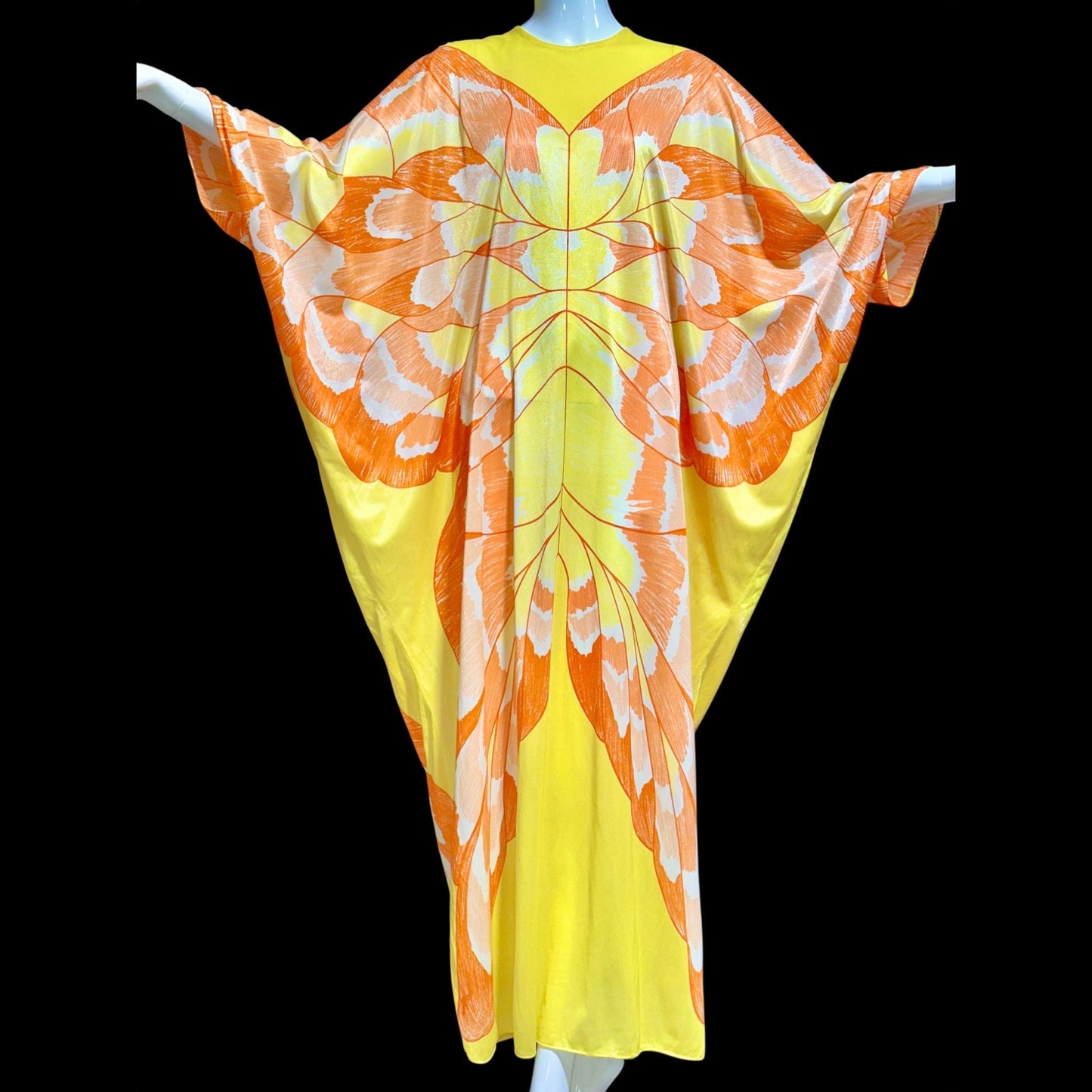 1970s Vintage butterfly caftan dress, Yellow and orange nylon butterfly motif loose house party dress