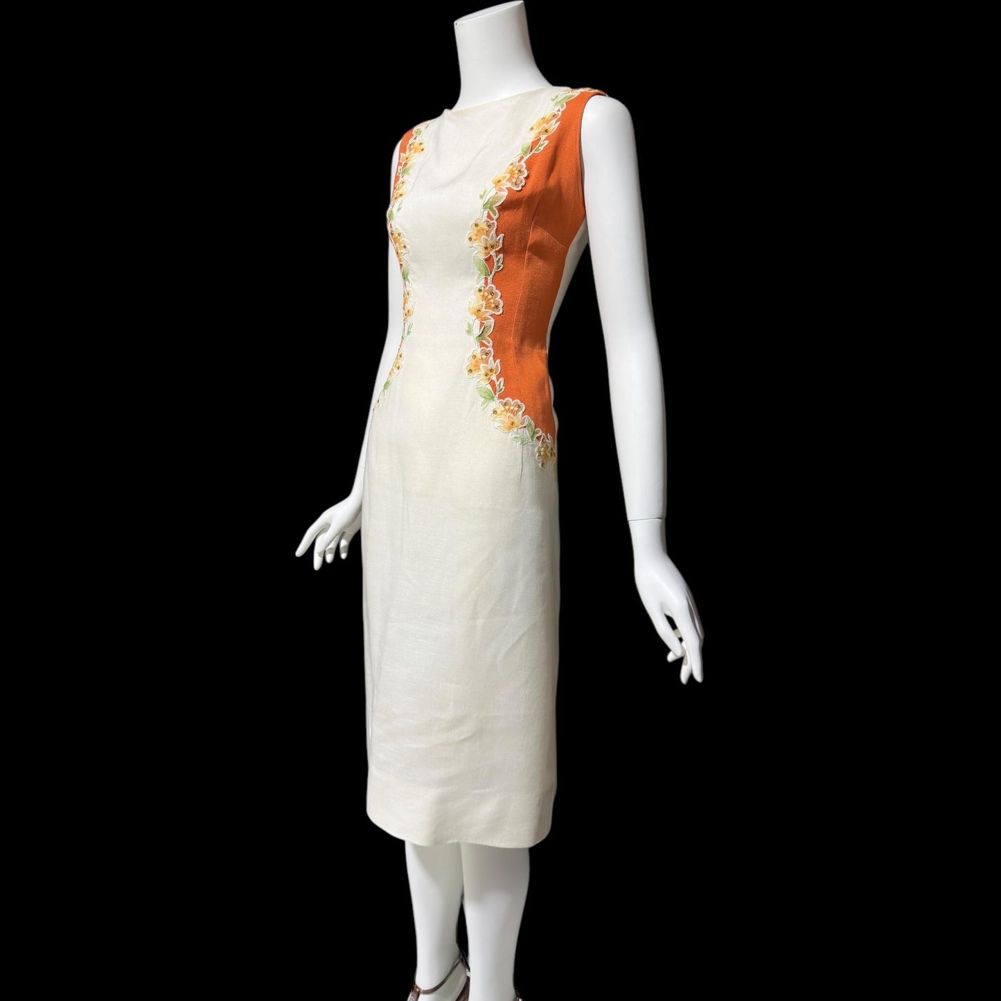CHARLES WARNER, vintage 1960s Linen day dress, organza floral trim, Cocktail luncheon dress