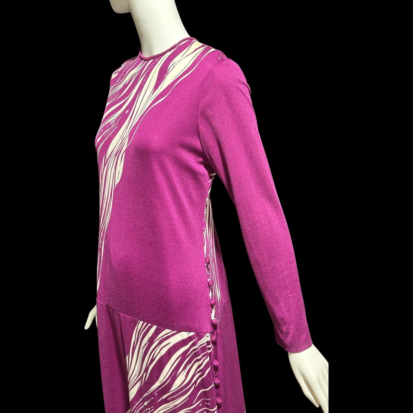 PAGANNE GENE BERK, vintage 1970s Maxi Dress, Purple white Lion face jersey knit evening dress, Stretchy, medium large