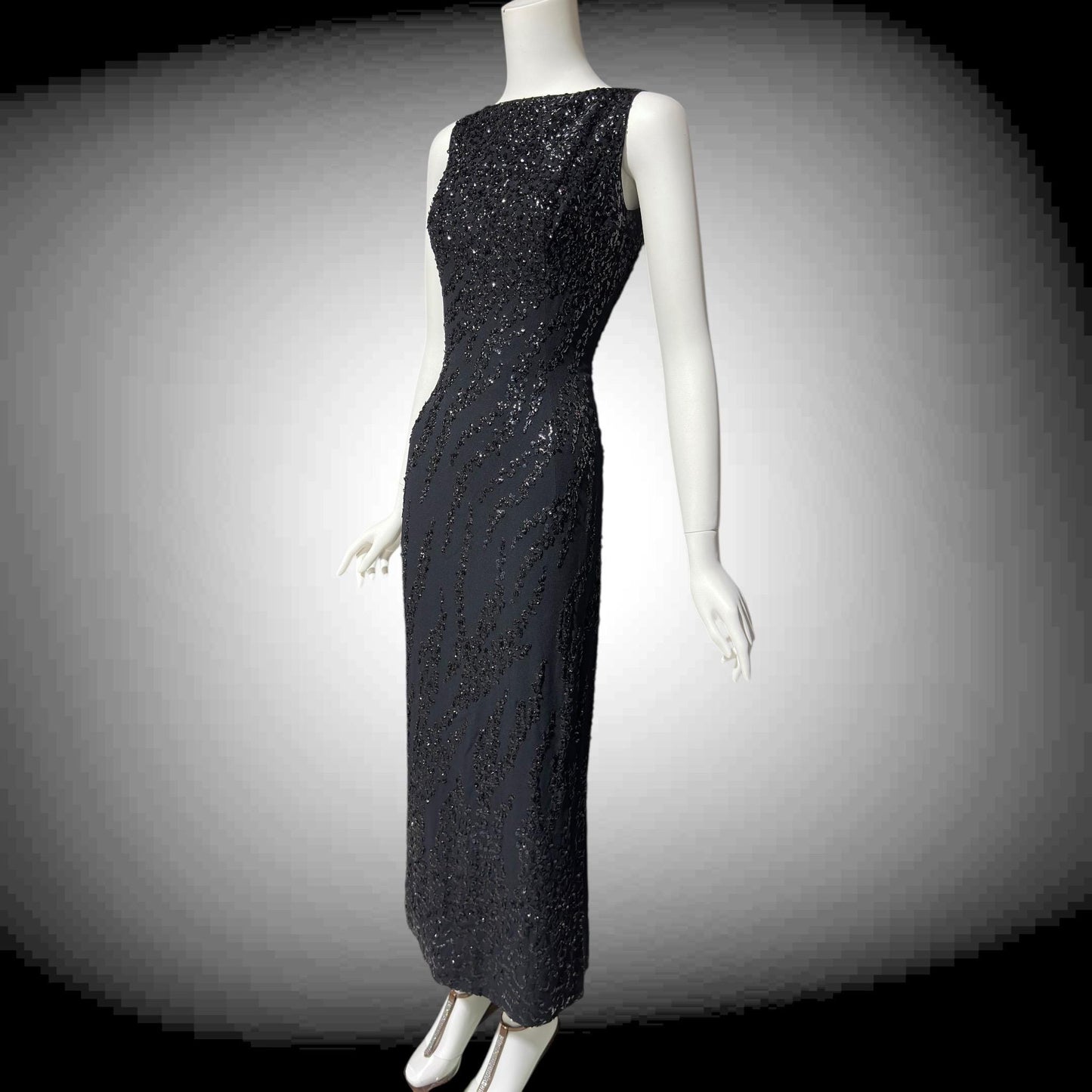 FRANK STARR Vintage 1960s evening gown dress, Lord & Taylor, black sequin sheath evening gown