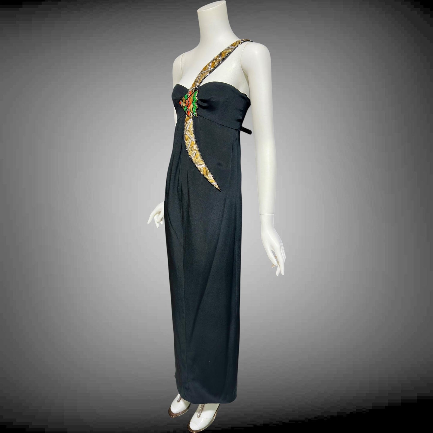 BERNARD PERRIS vintage 1980s beaded gown, black silk one shoulder sheath column evening gown, Made in France