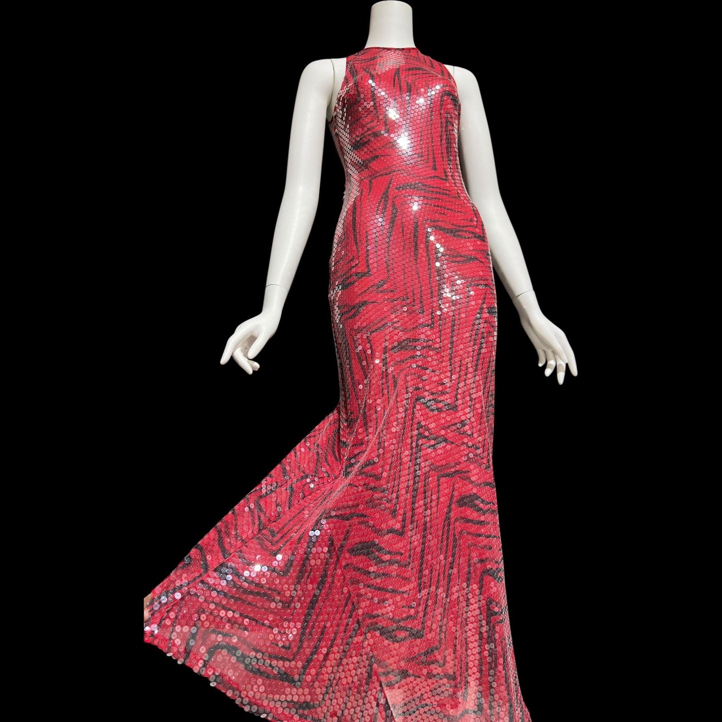 CHETTA B, vintage 1990s evening dress, Bias cut Bodycon red black tiger stripe print sheath slip maxi silk sequin gown