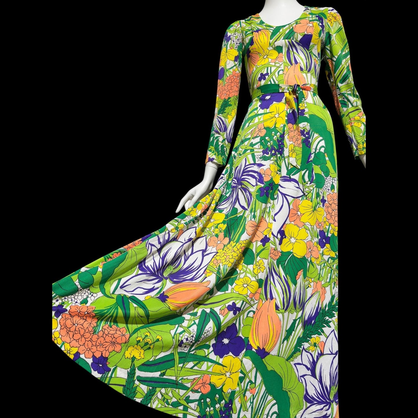 THE COMPANY, vintage 1970s maxi dress, slinky psychedelic floral print dress, long sleeve op art garden party day dress