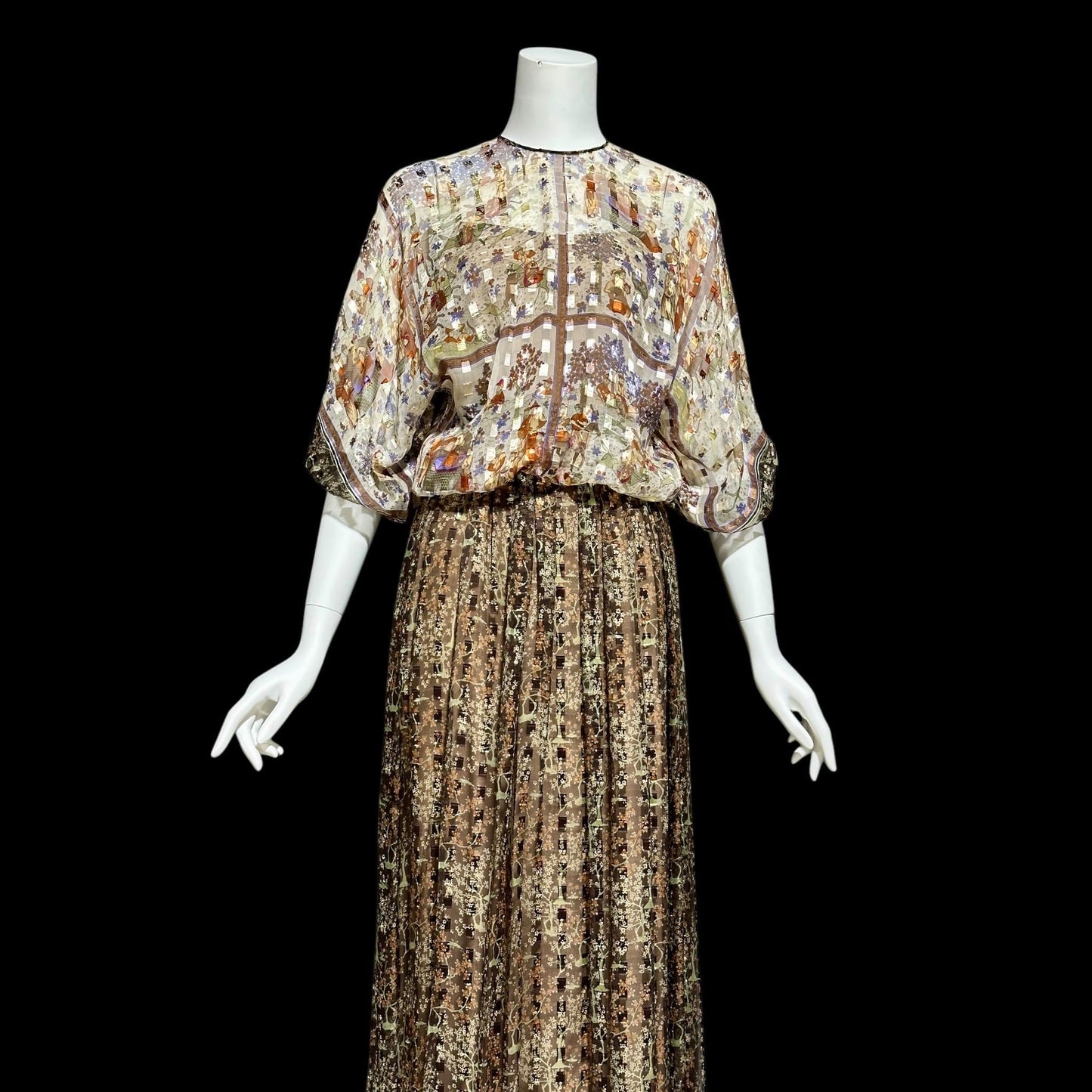 MOLLIE PARNIS, vintage 1970s evening dress, brown silk blouson formal gown