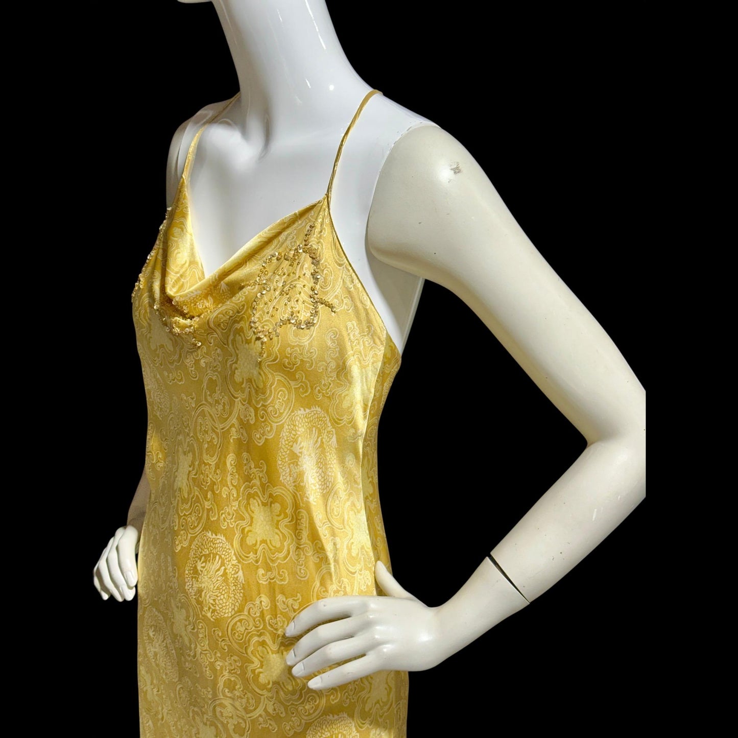 JOSIE NATORI, vintage Y2K nightgown slip dress, gold asian motif silk bias cut sequin sheath