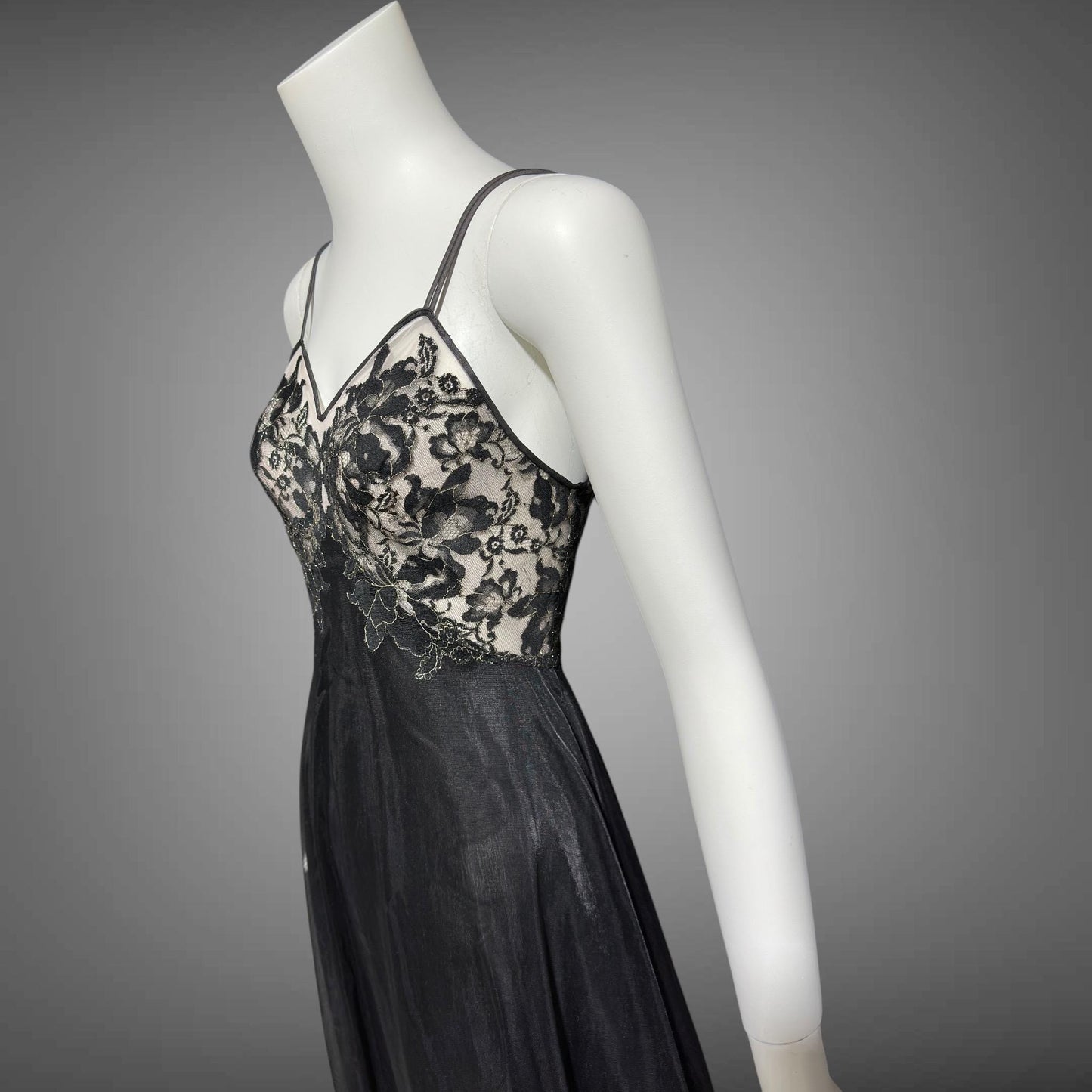 VANITY FAIR, vintage 1950s Nightgown Slip Dress, Dramatic black and silver double layer full sweep gown