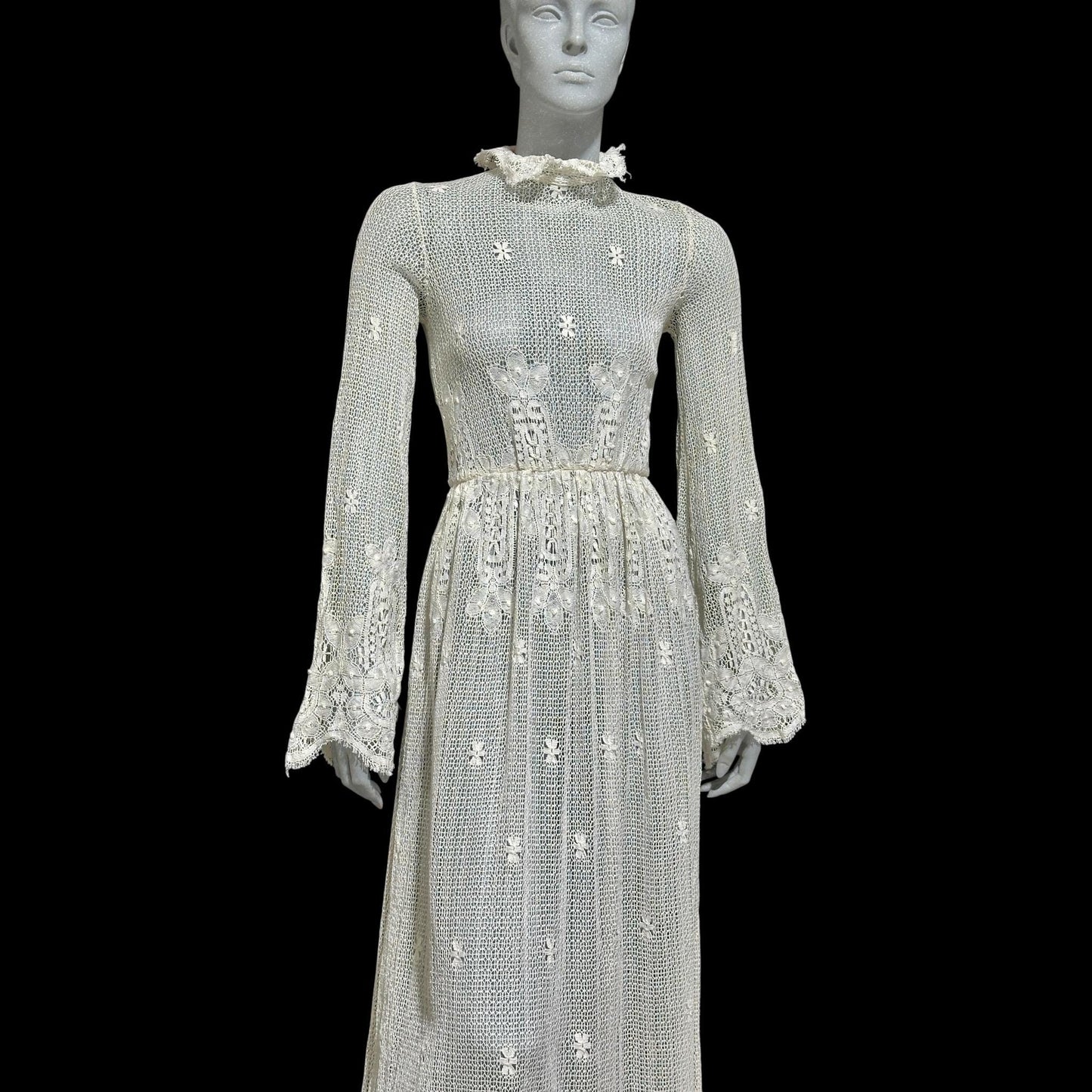 1970s vintage crochet maxi dress, white cotton open knit bridal wedding dress, Victorian style gown