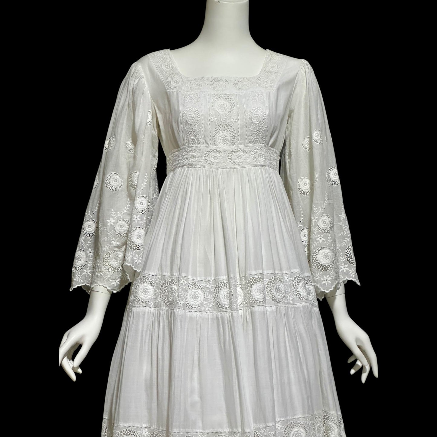 1970s Mexican Wedding dress, White batiste cotton embroidered empire ball gown