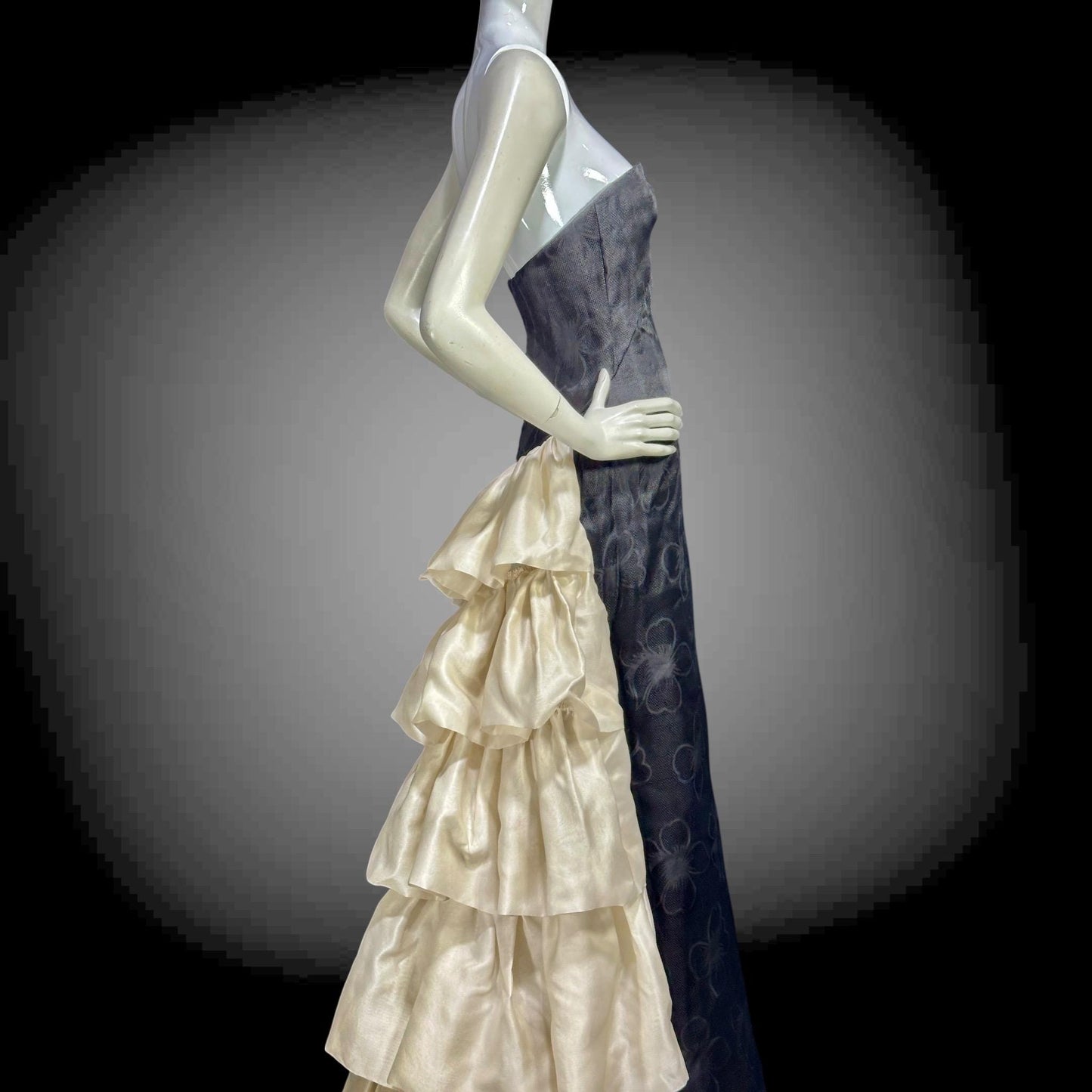ARNOLD SCAASI vintage 1960s evening gown dress, black and white silk cascading ruffle gown
