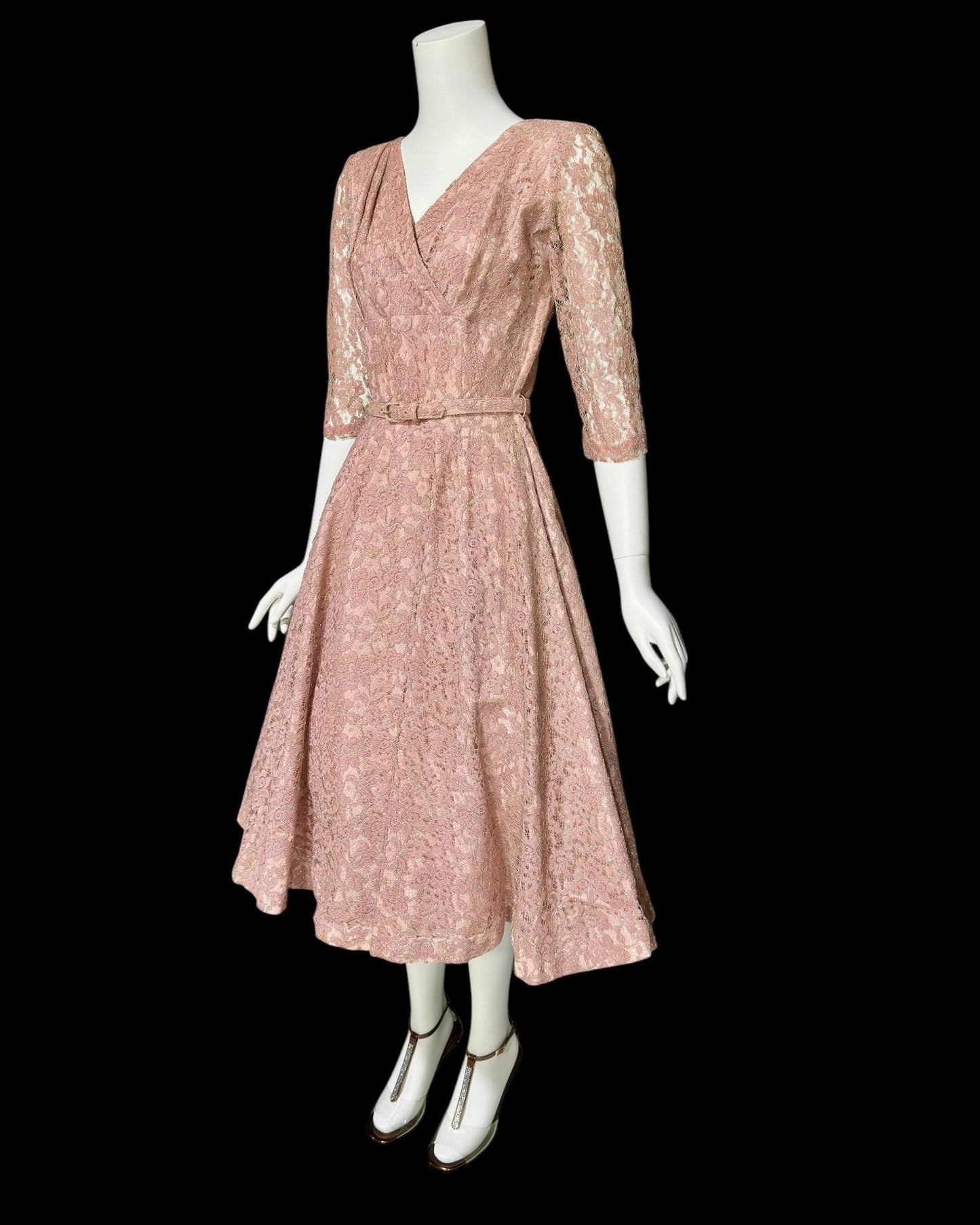 ANN KAUFFMAN, vintage 1940s dress, Old Rose Pink lace w/ silver metallic, shelf bust fit and flare cocktail party evening dress