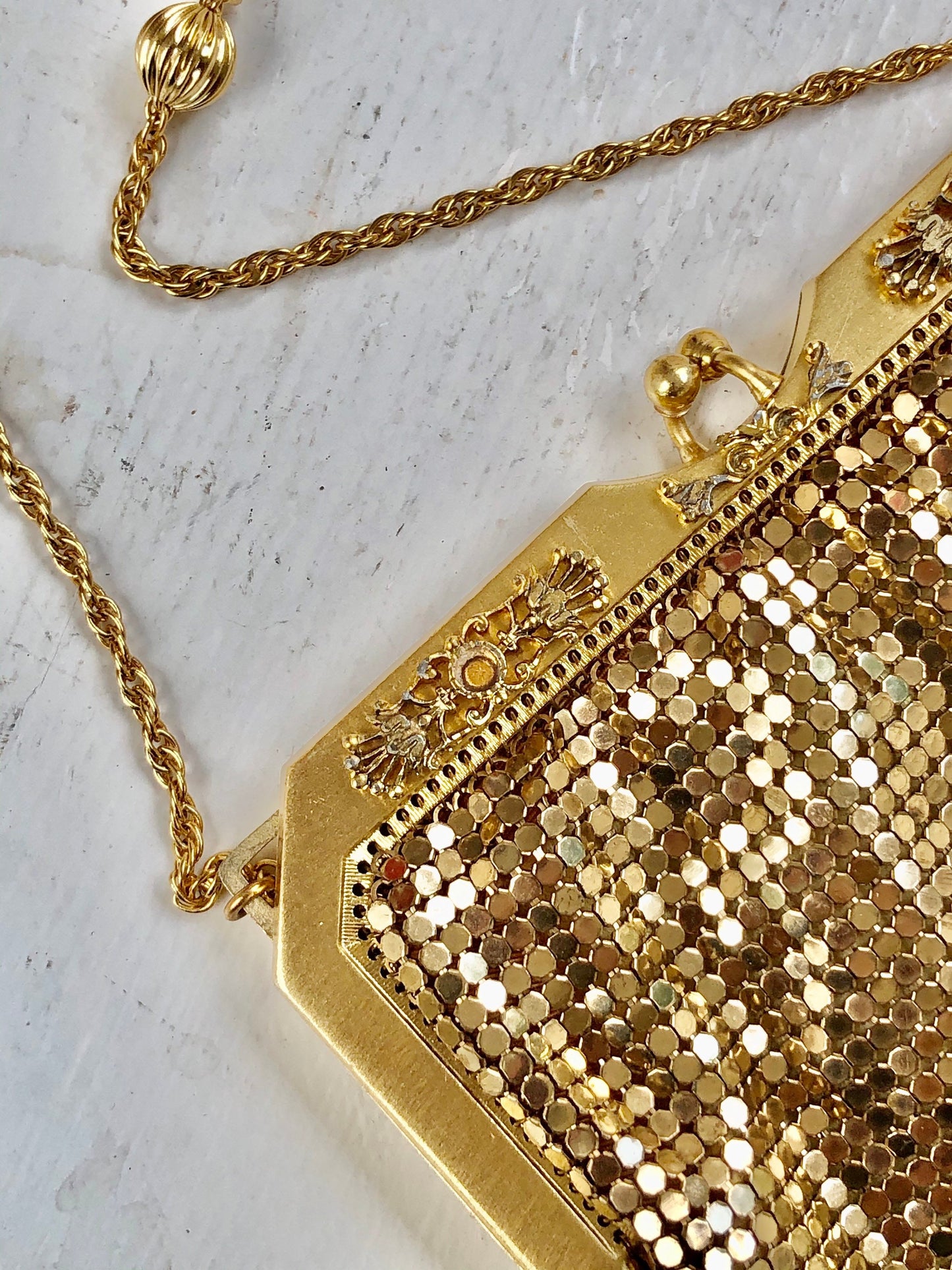 WHITING & DAVIS vintage 1960s mesh bag purse, gold mesh dance evening bag