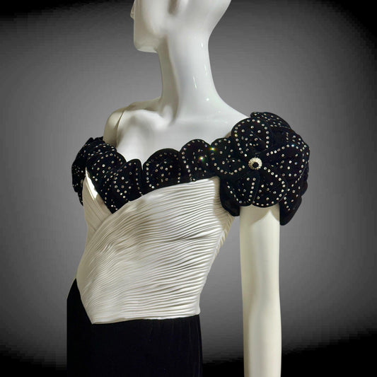 1980s Vintage evening dress gown, Black Velvet White Plisse and Rhinestones off shoulder gown
