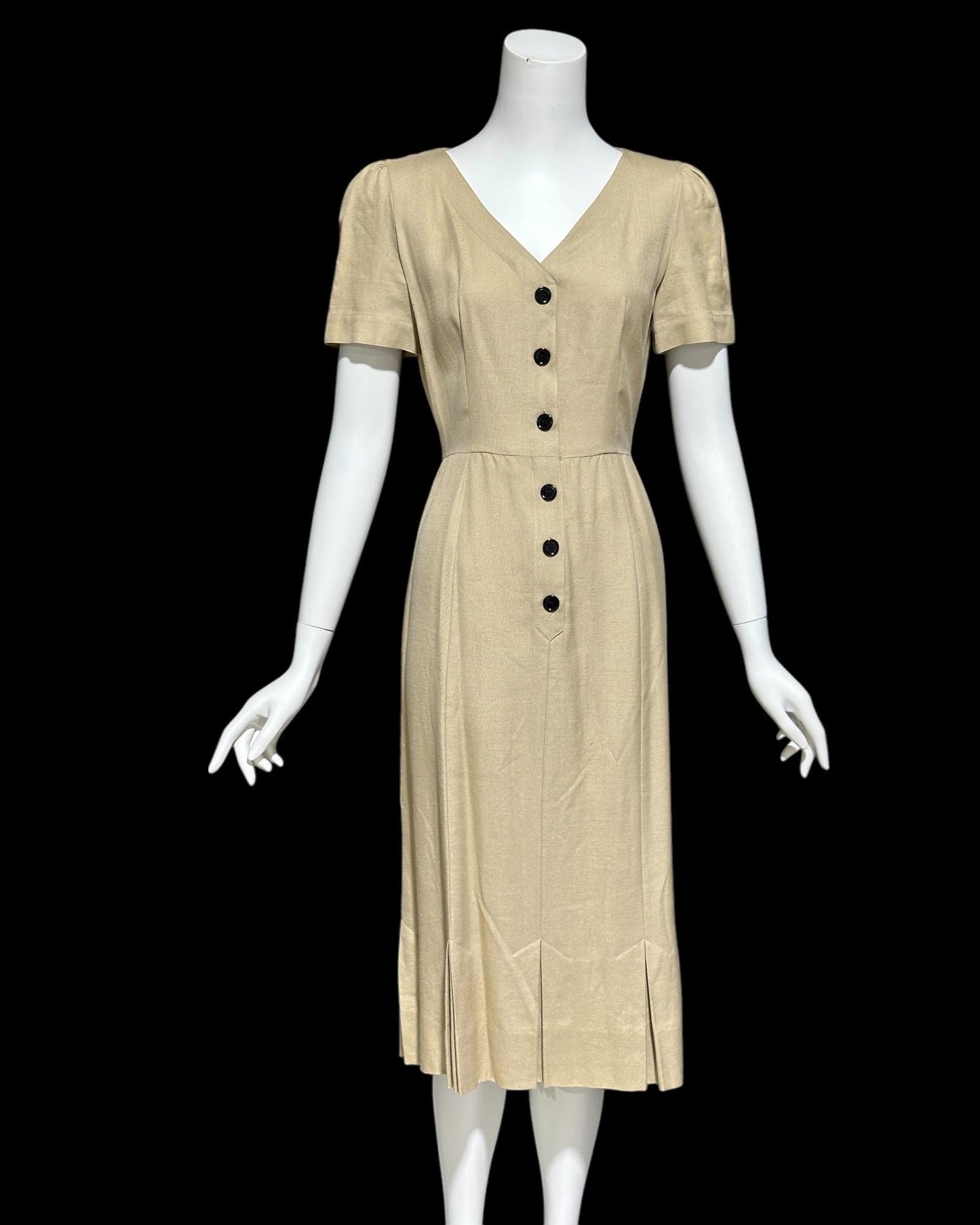 ADELE SIMPSON, vintage 1980s day dress, 80s does 40s latte tan linen dress, button front wear to work luncheon dress
