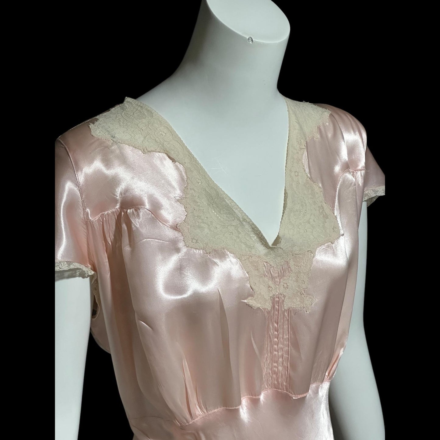 SHIRLEY RAY, vintage 1940s nightgown, Shiny baby pink bias cut rayon slip dress, full length