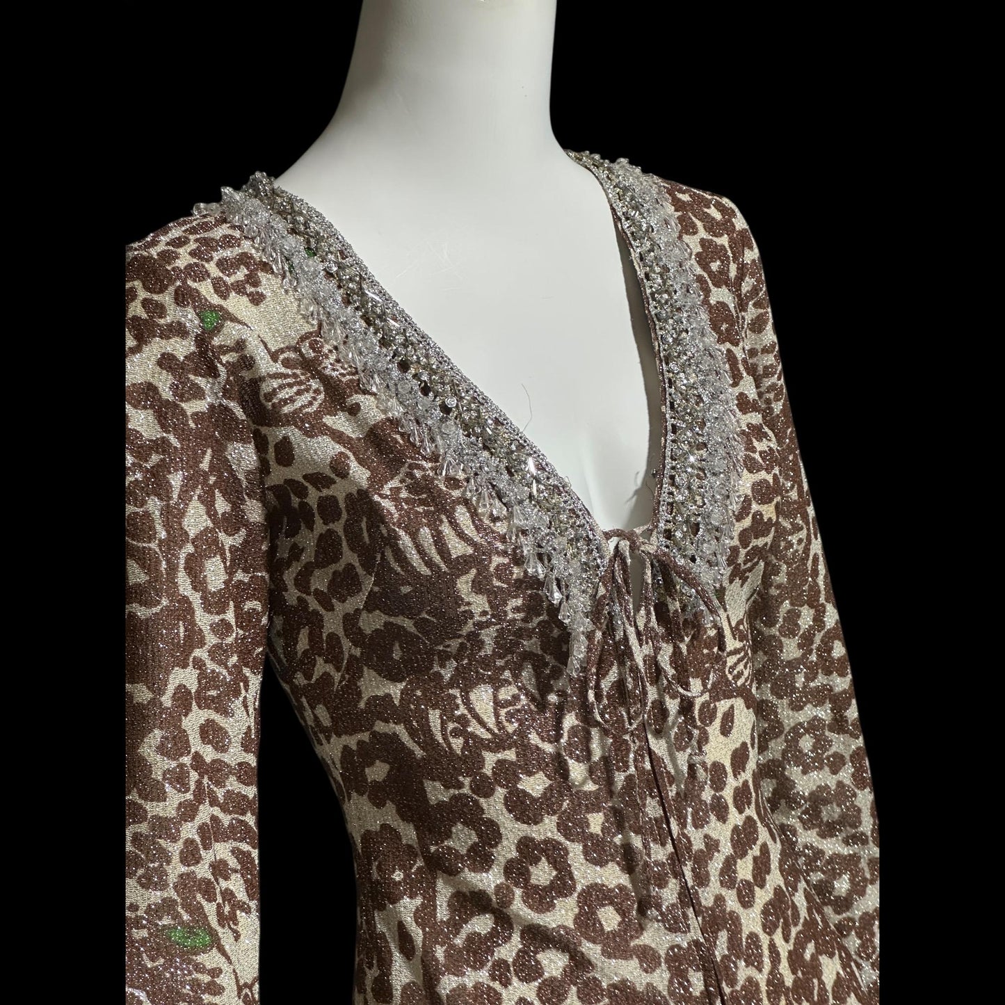 TAMMY vintage 1970s lurex maxi dress, slinky leopard animal print metallic knit party dress