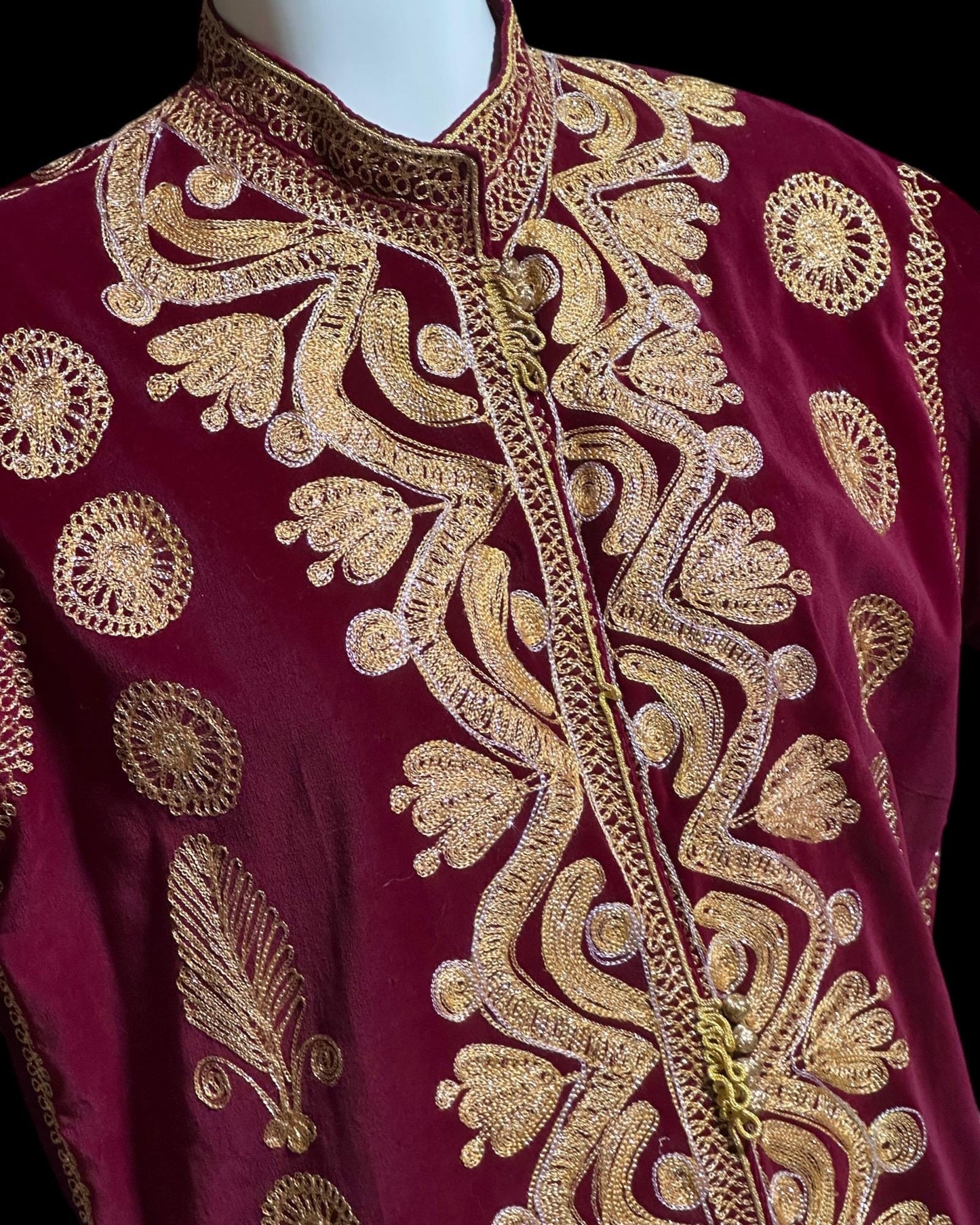 PROFILS du MONDE vintage Moroccan caftan kaftan, 1960s evening coat dress, Beverly Hills Ruby Red velvet gold metallic button front
