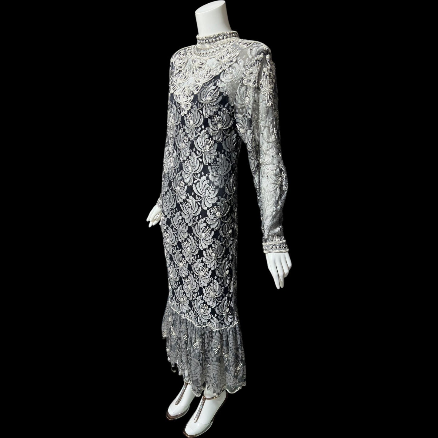 JUDITH ANN, Vintage 1980s sheer beaded dress, Black sheer mesh with beads, Hight neck with ruffle sheath cocktail party dress