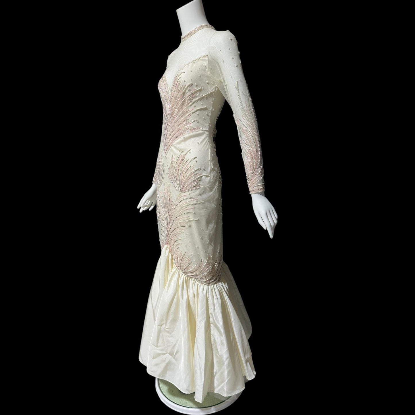 CARLOTA ALFARO, vintage 1980s evening gown, White pink beaded mermaid dress, ruffled bottom, illusion neckline