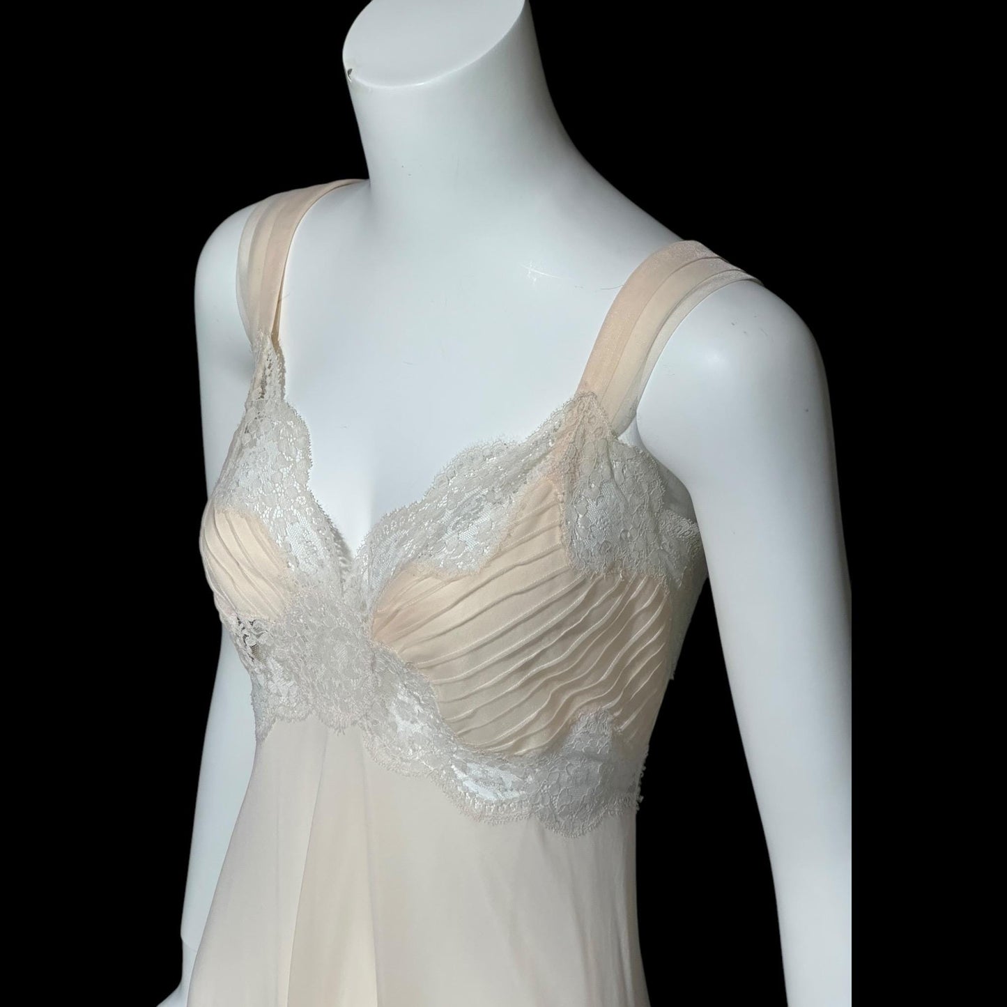 ROGERS vintage 1950s nightgown slip dress, ethereal soft peach chiffon and lace pin tucks, full length
