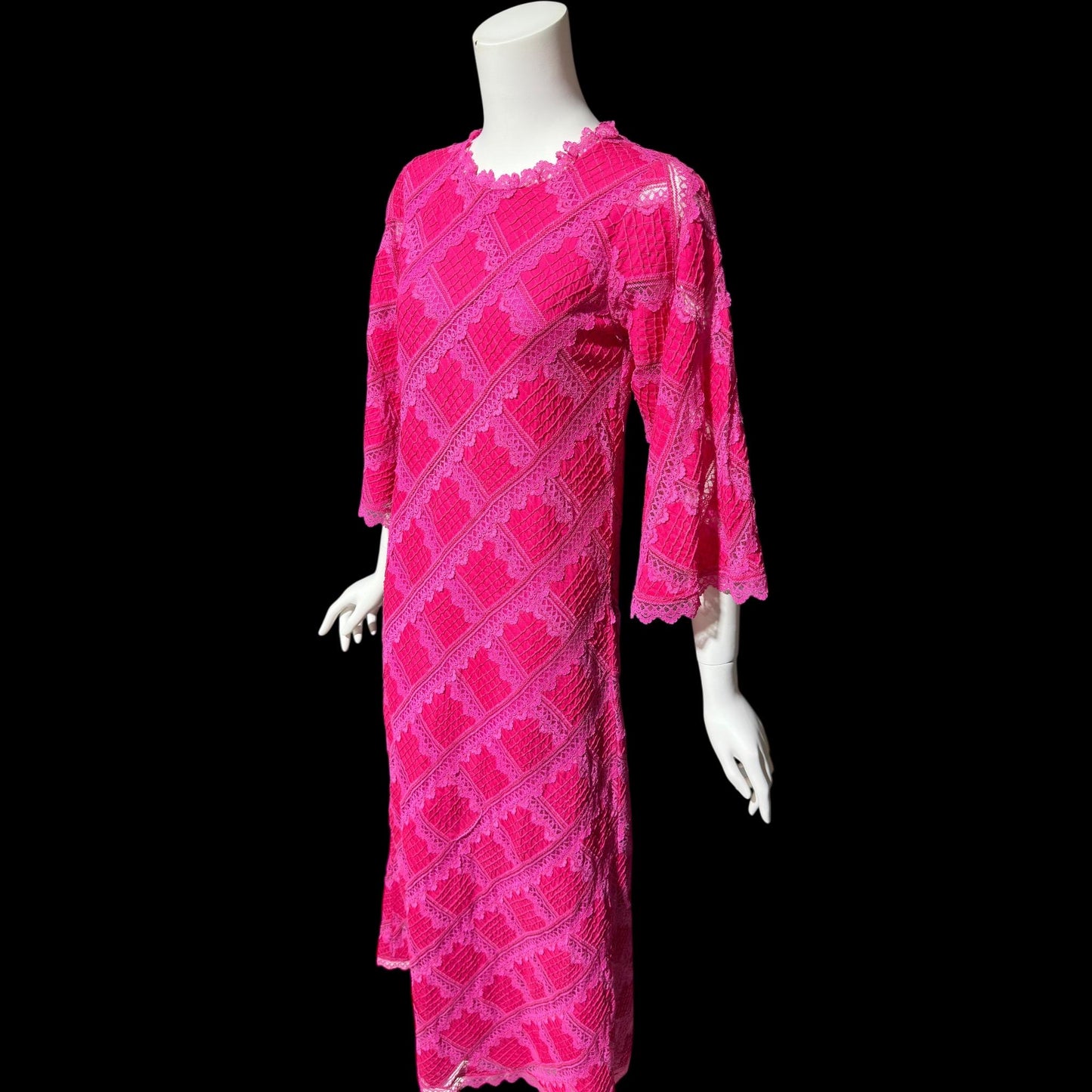 XIHUATL vintage 1960s Mexican cotton day dress, Hot Pink Pintuck Patchwork cotton and lace