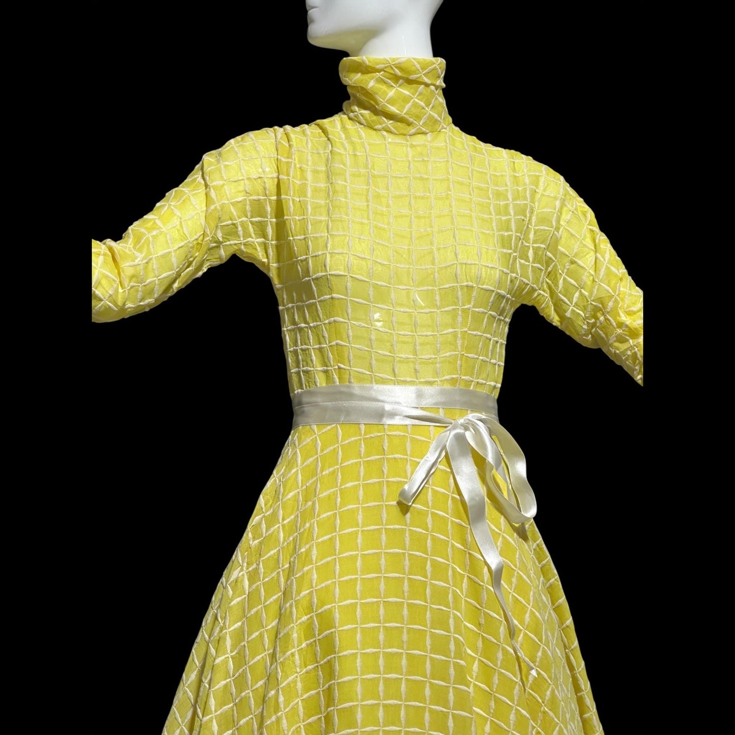 LILLIE RUBIN vintage 1970s evening dress gown, lemon yellow windowpane plaid ball gown