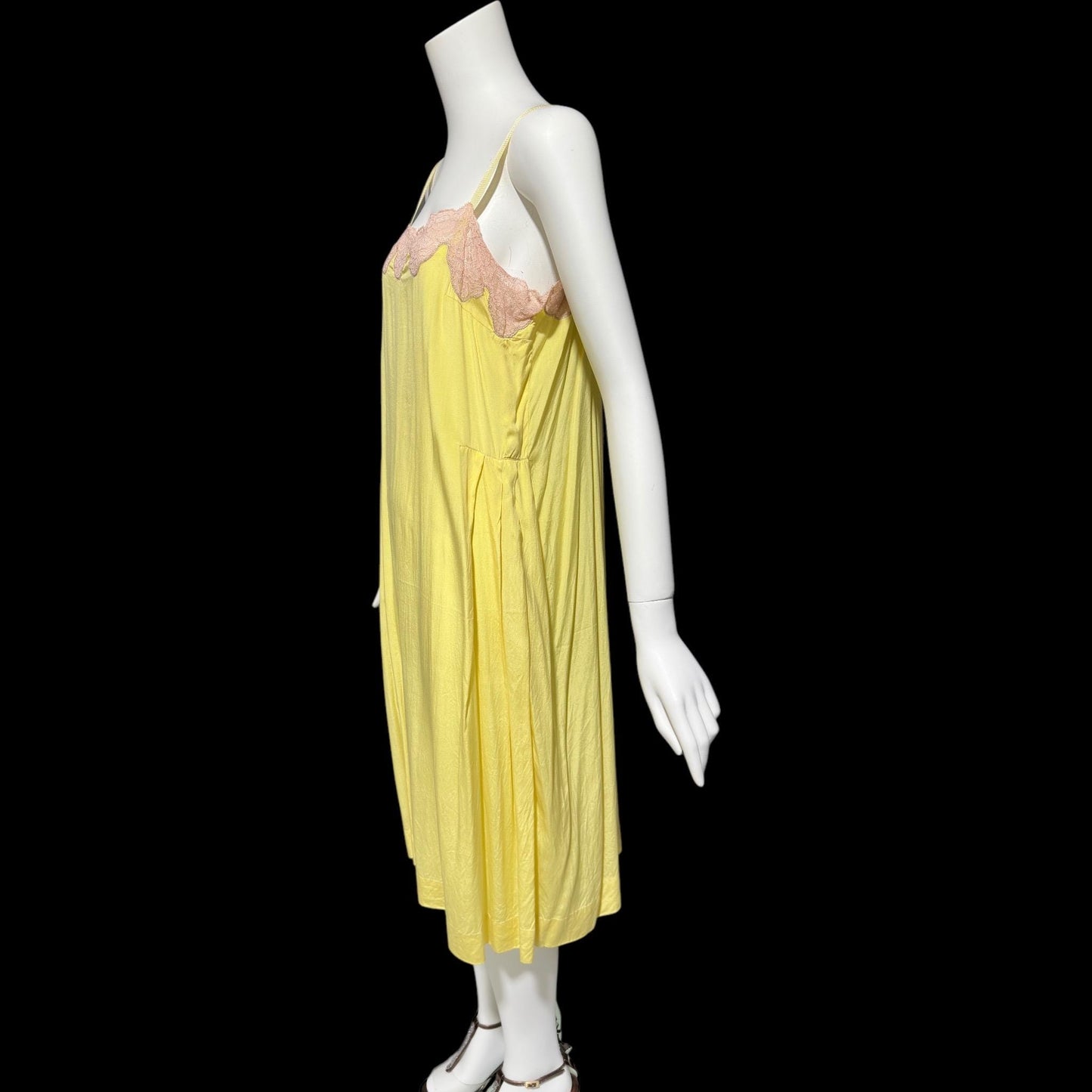 1920s vintage nightgown slip dress, canary yellow silk and pink lace shift dress