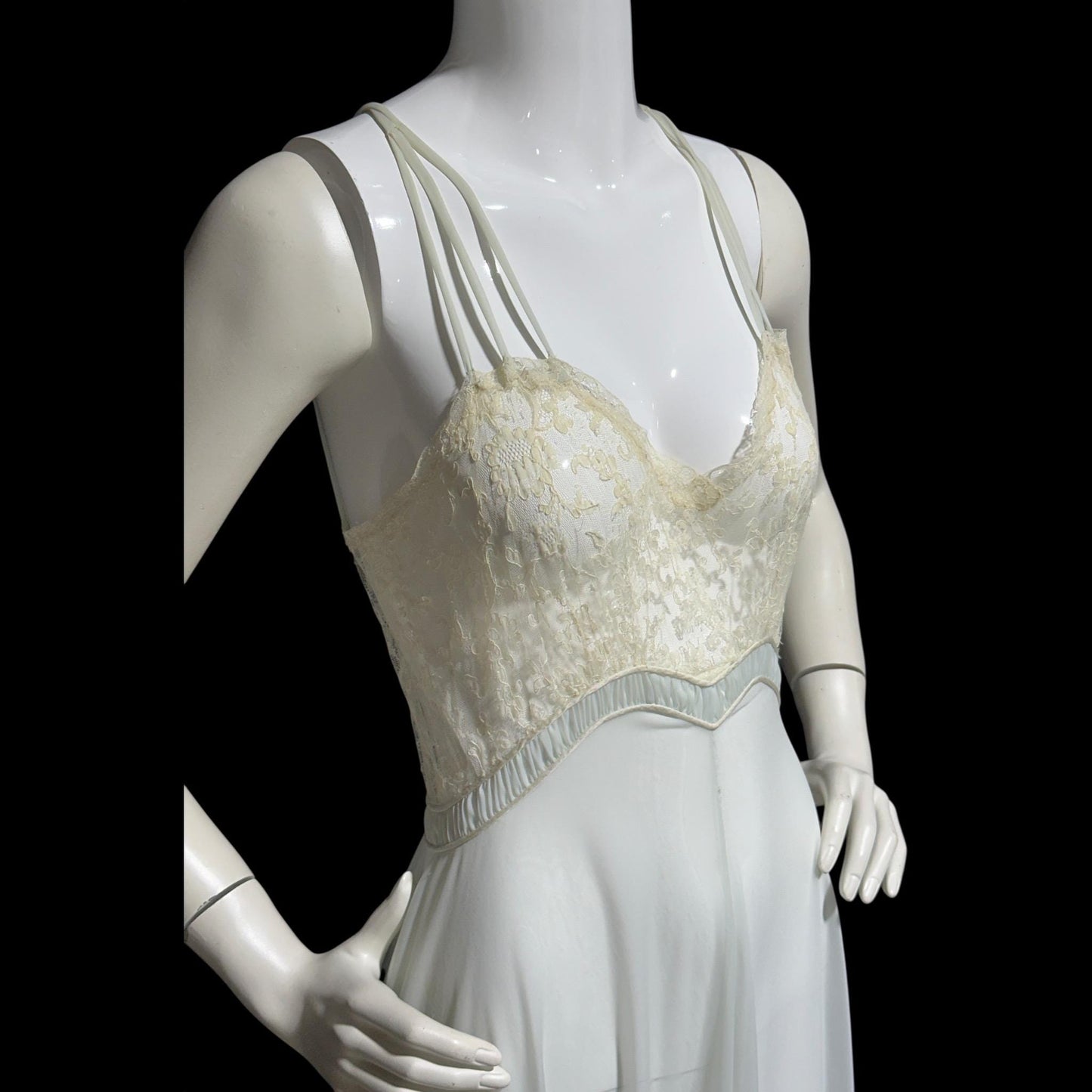 1930s Vintage nightgown robe set, sheer and ethereal blue nylon and white lace slip dress and peignoir set