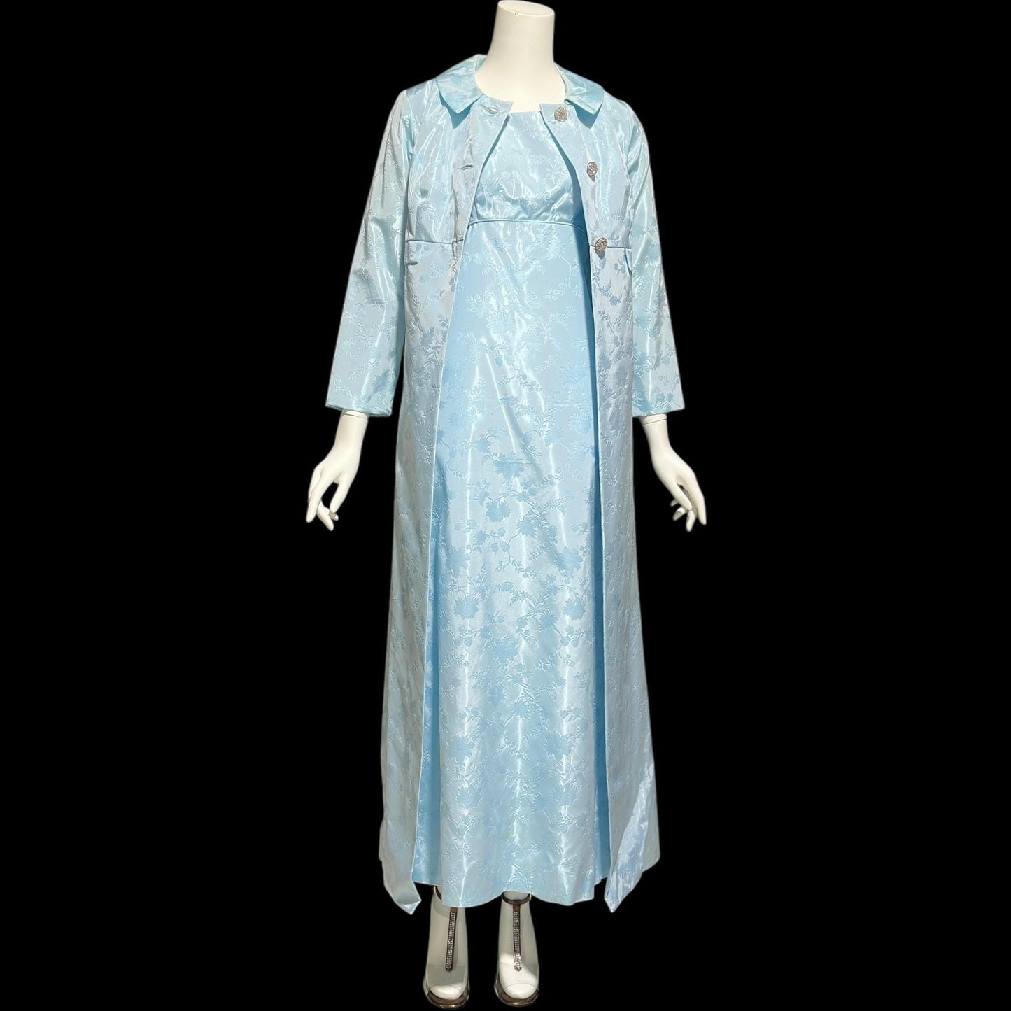 1960s Vintage evening gown and opera coat ensemble, baby blue damask custom mod column dress and duster set