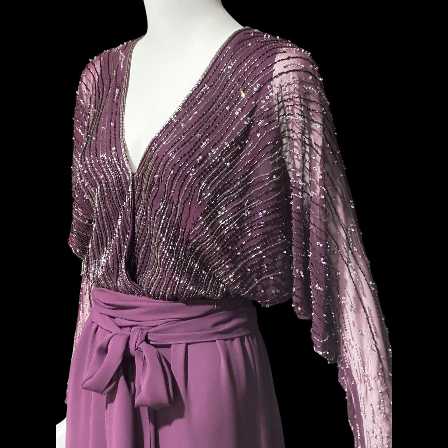 JACK BRYAN vintage evening dress gown, 1970s Aubergine Eggplant Purple chiffon beaded dolman sleeves, Deep V