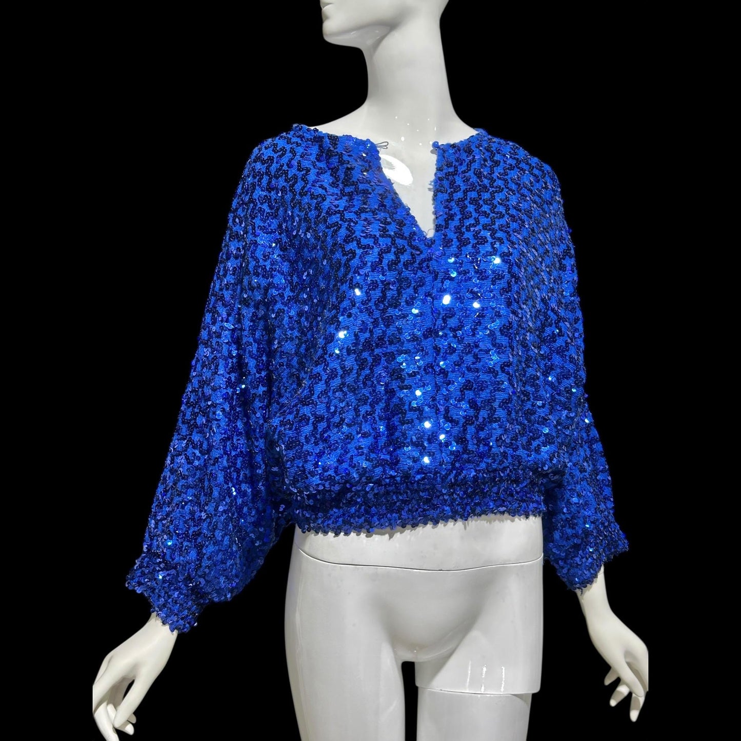 MISTER JAY vintage 1970s sequin disco sweater, Royal blue knit batwing evening cropped top, stretchy