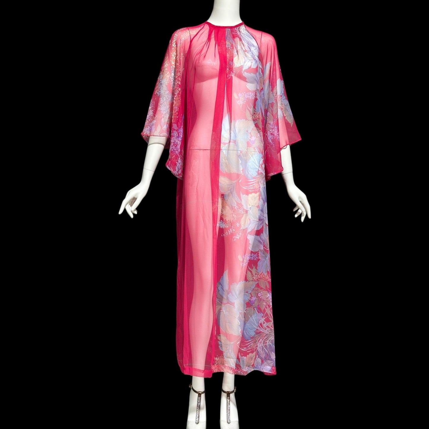 1970s Vintage sheer caftan, Sheer nylon raspberry pink with Hawaiian flowers, loose house dress, hostess gown beach coverup