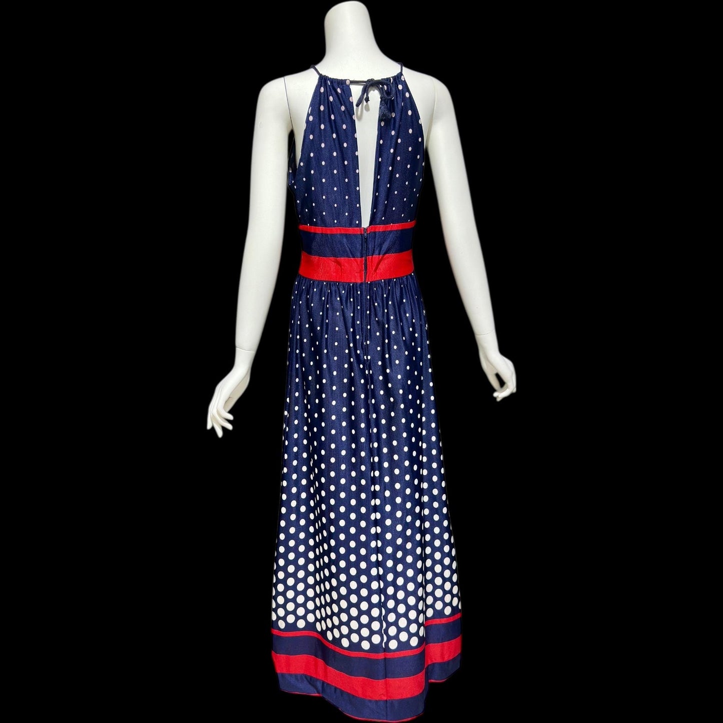 1970s vintage maxi dress, Navy blue and white polka dots, red stripes, halter casual summer party long 4th of July sundress