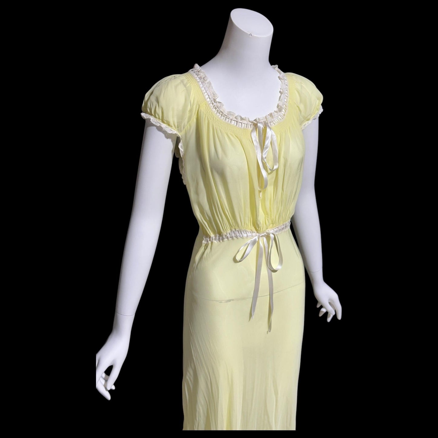 VELMA, vintage 1940s nightgown, butter yellow bias cut rayon slip dress, full length ruffle bottom, cap sleeves