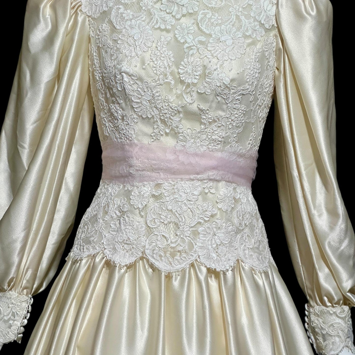 HOUSE of BIANCHI, vintage 1970s wedding dress, romantic boho white silk satin poet sleeve bridal gown
