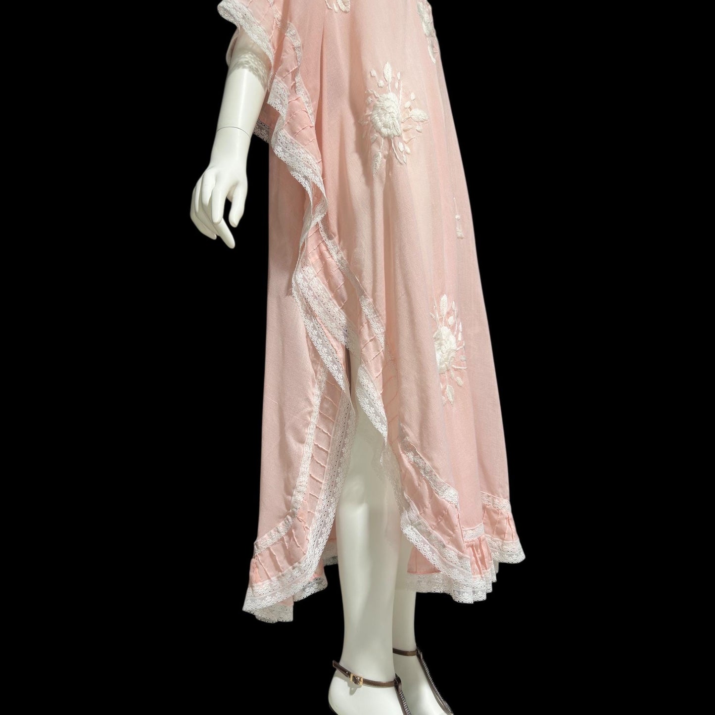 1970s Vintage sheer caftan dress, baby pink cotton poly blend with white embroidered flowers