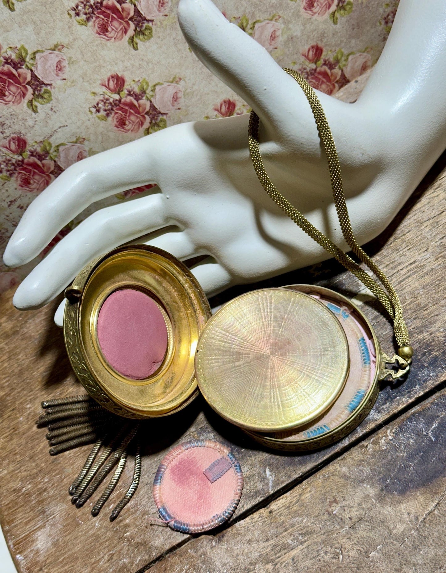 1920s vintage Antique chatelaine compact, flapper enamel mirrored wrist dance compact, double powder, blush rouge