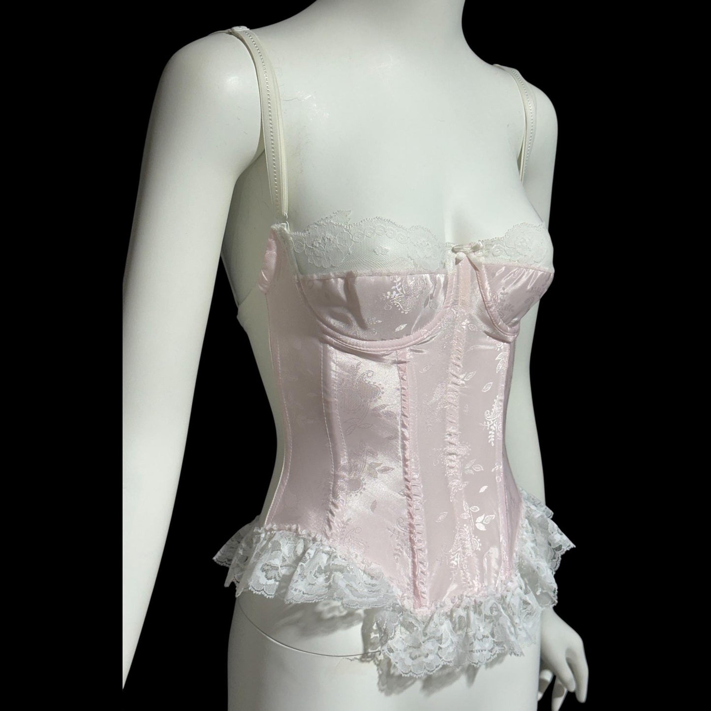 SABRINA, Vintage 1970s pink satin bustier, pink embossed satin with white lace