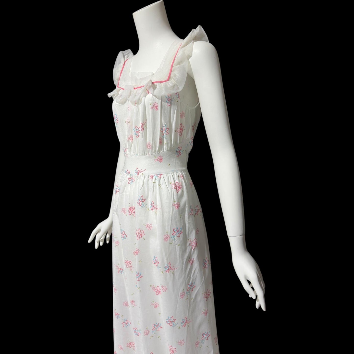 PHIL-MAID, vintage 1940s nightgown, pink blue white floral cone-bell combed cotton house dress, New Old stock