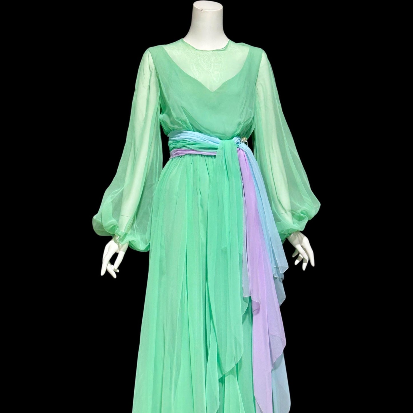 HELEN ROSE, vintage 1970s evening dress, ethereal pastel chiffon green, blue, lavender, sheer chiffon blouson bishop sleeves dress