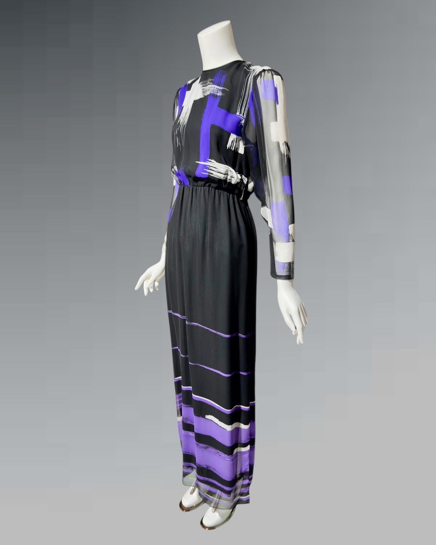 HANAE MORI for MARTHA Palm Beach, vintage 1970s chiffon gown, black and purple sheer blouson