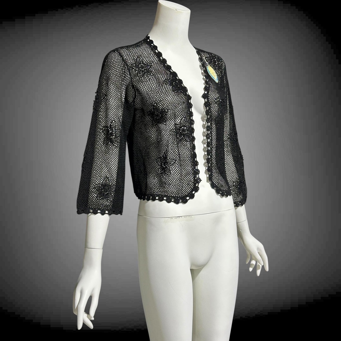 1950s vintage crochet cardigan, black 100% cotton Hand Made Shanghai cropped sweater