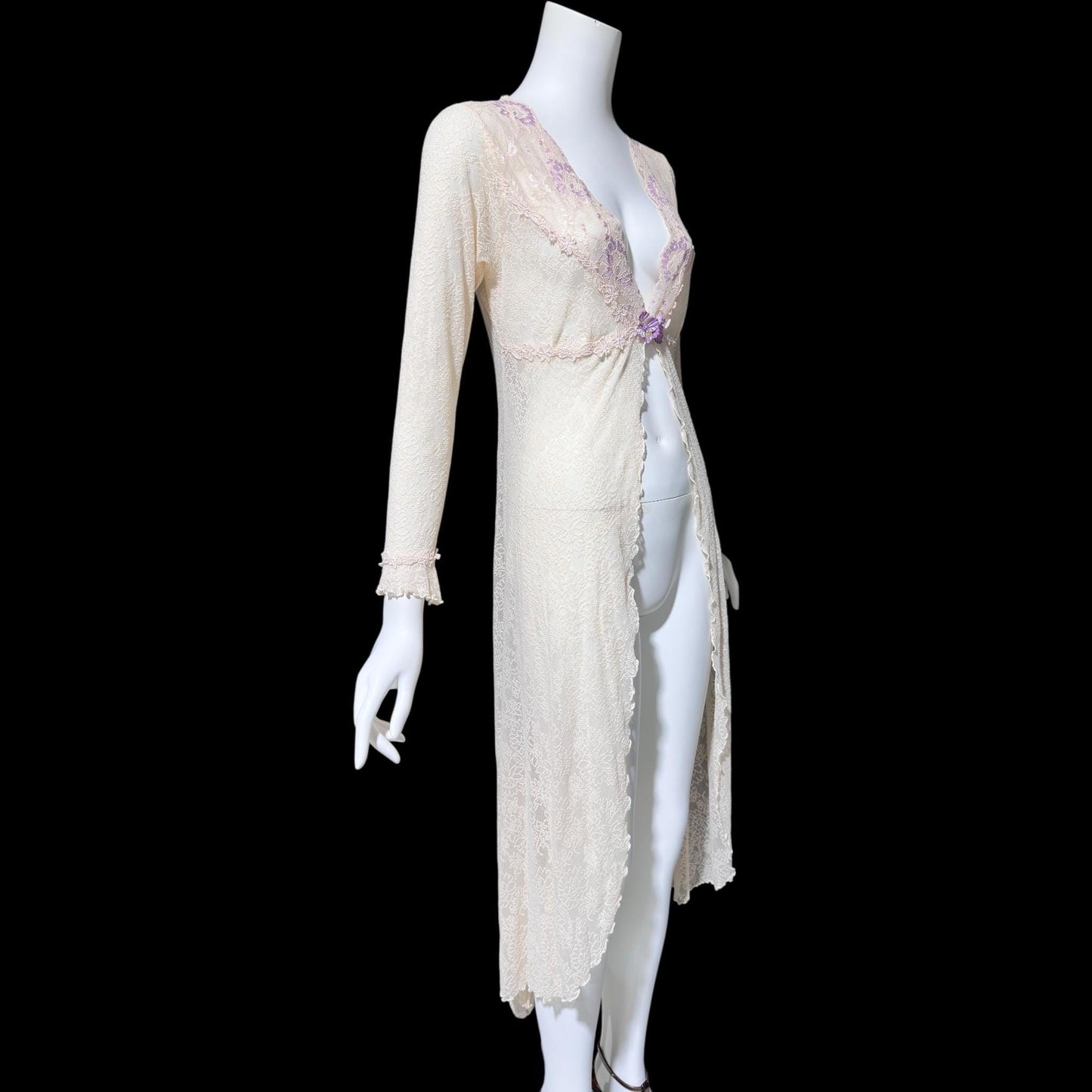CLAIRE PETTIBONE, wedding coat robe, sheer nylon lace high low dressing gown
