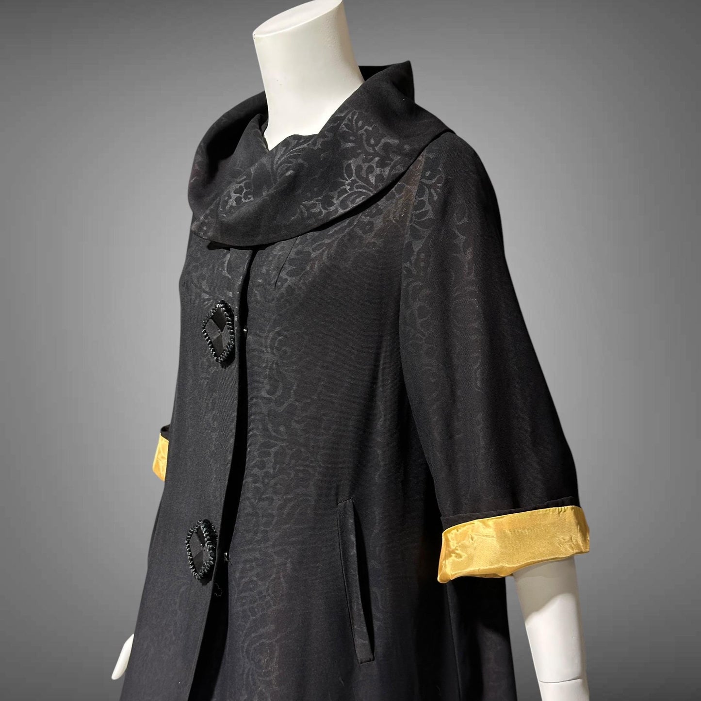 1930s vintage evening swing coat, black swing opera coat duster with satin lining